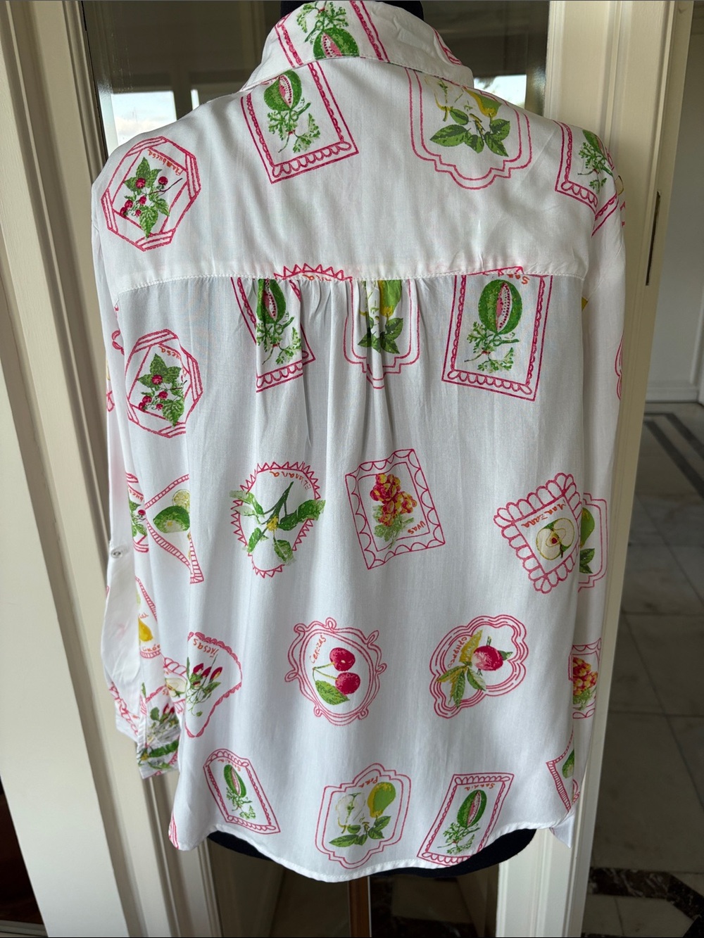 Jane and Delancey White Button Down Shirt with Red and Green Print small size - Picture 2 of 11